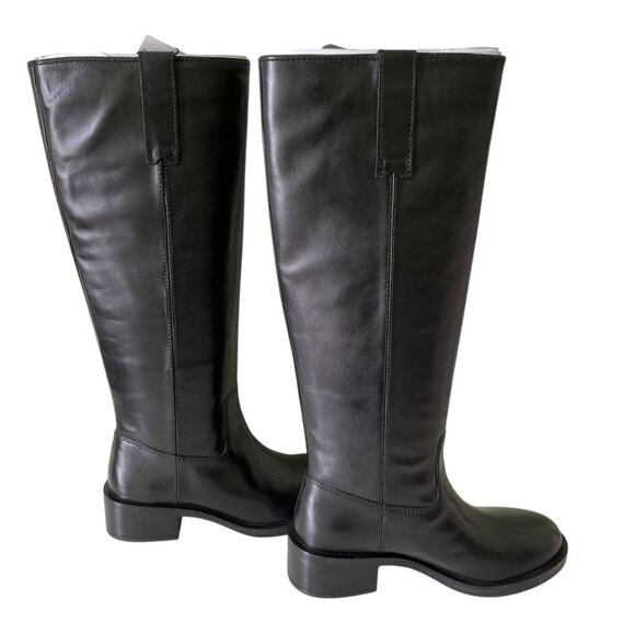 Zara Black Leather Knee High Boots Flat Round Toe Pull Tab Equestrian US Sz 6 - Picture 7 of 11